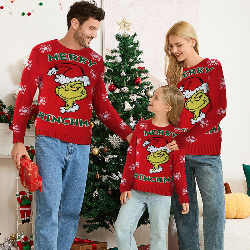 Family Matching Grinch Christmas Sweaters Red Knit Pullover