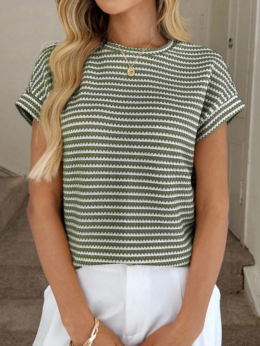 Striped Knit Sweater Crew Neck Short Sleeve Top