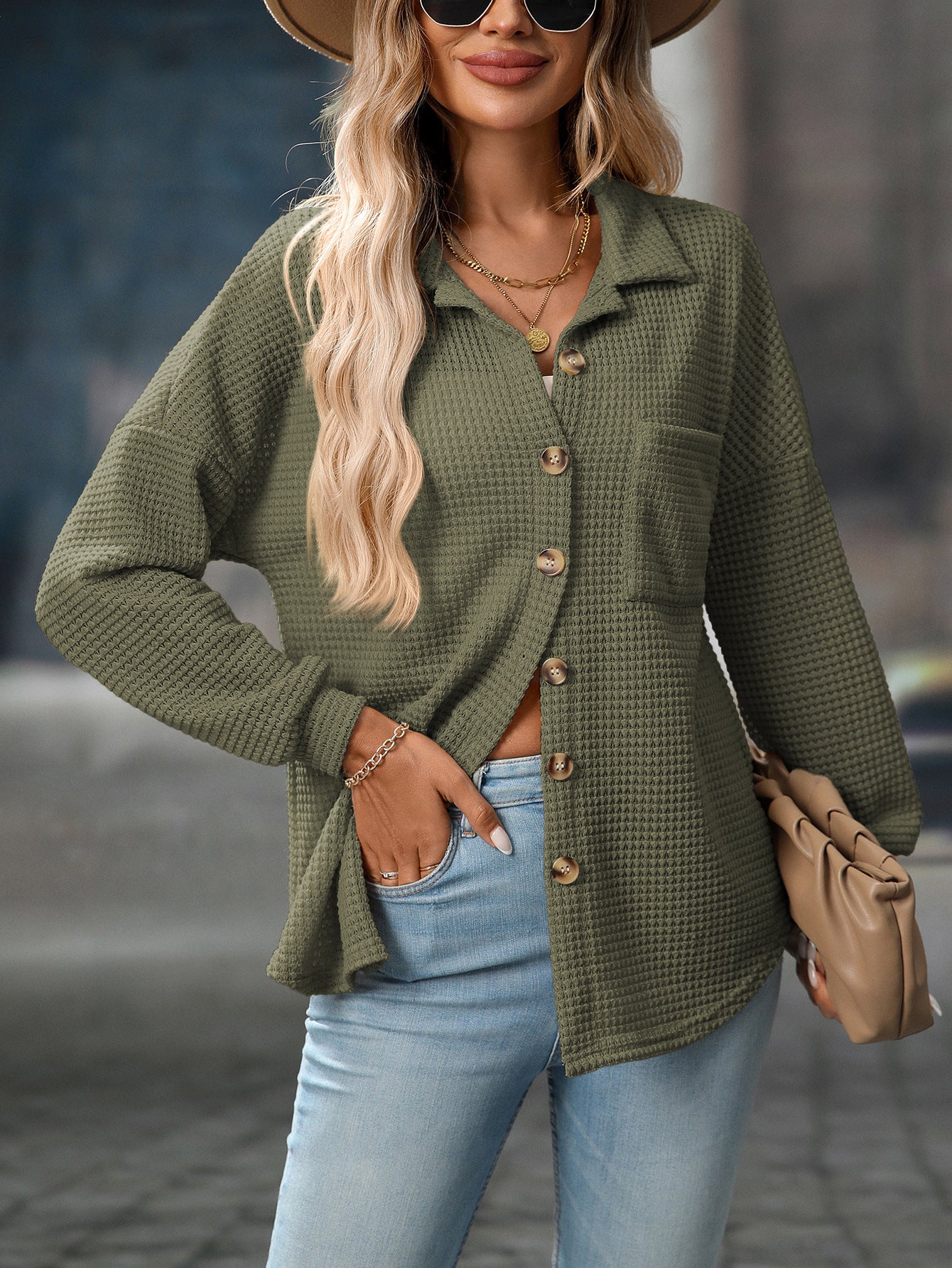 2025 Fall/Winter Casual Waffle Knit Shirt – Loose Fit Commuter Top