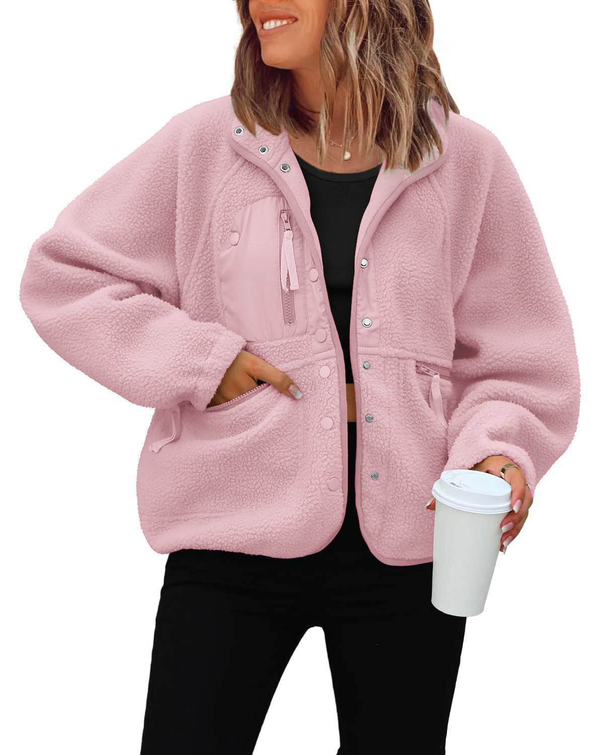 Women's Oversized Fleece Jacket Button Up Pockets