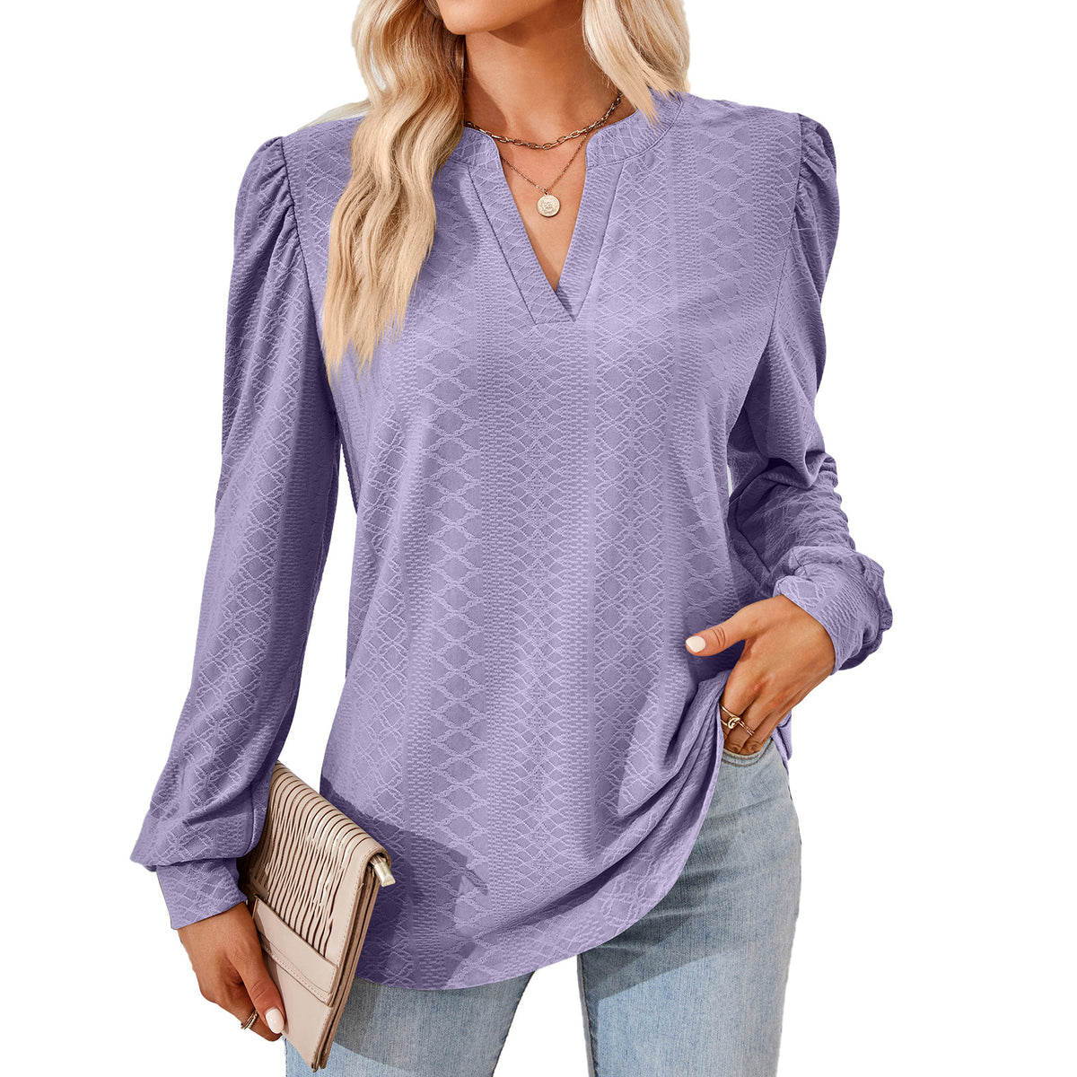 Women's V Neck Puff Sleeve Textured Tunic Top Long Sleeve