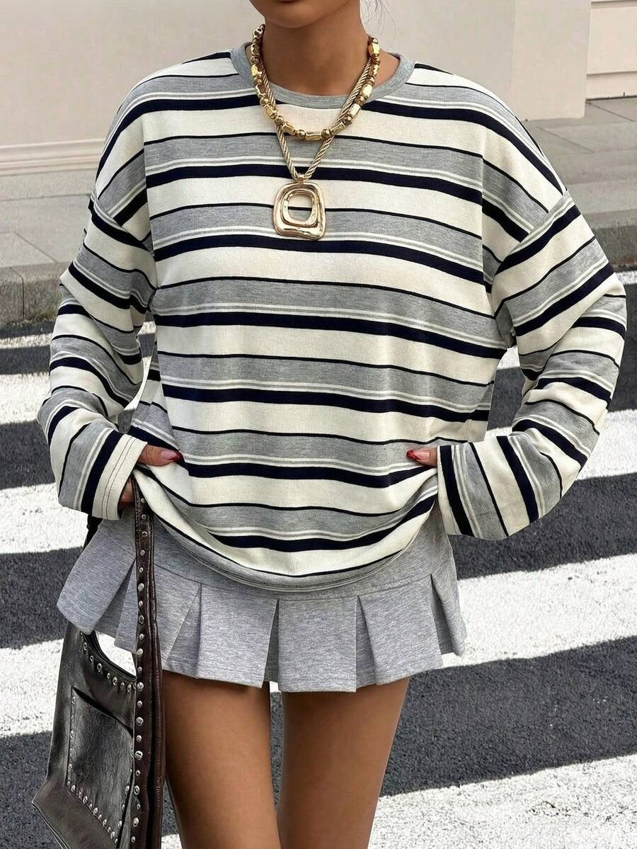 Oversized Colorblock Striped Crewneck Sweatshirt for Women