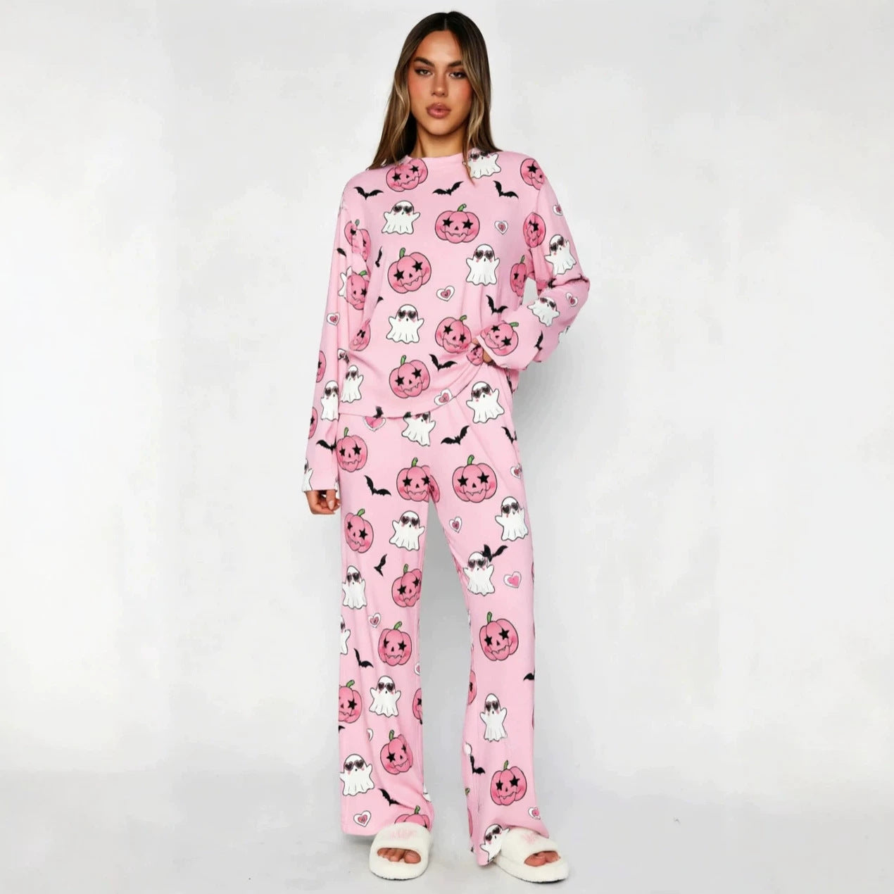 Womens Halloween Pumpkin Pajama Set Long Sleeve