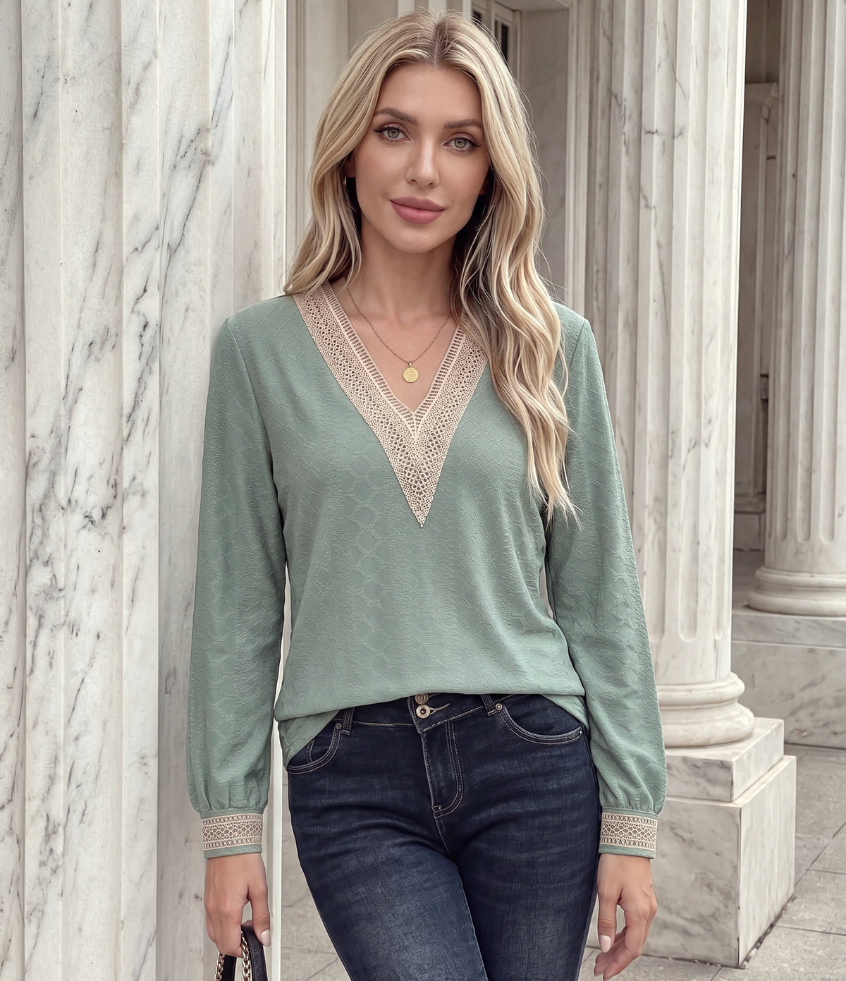 Women's Lace Trim V Neck Long Sleeve Tunic Top