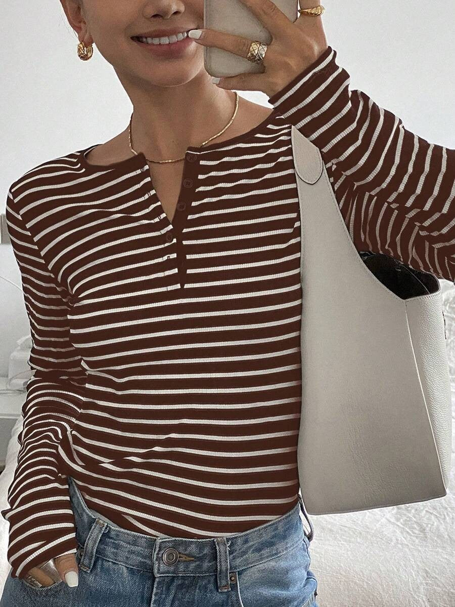 Striped Thermal Henley Long Sleeve Fitted Top