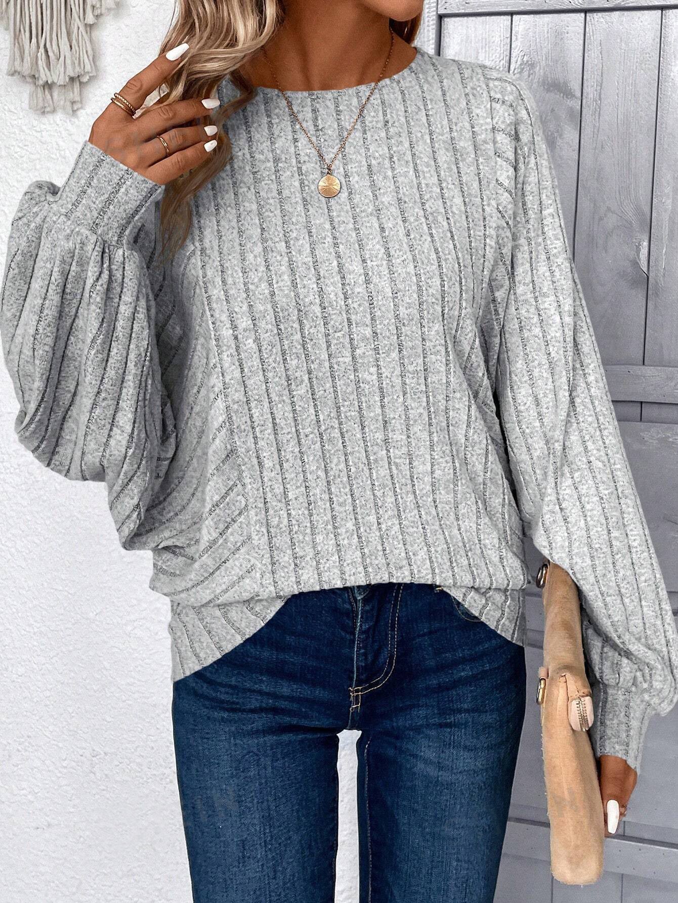 Plus Size Balloon Sleeve Ribbed Casual Fall Top