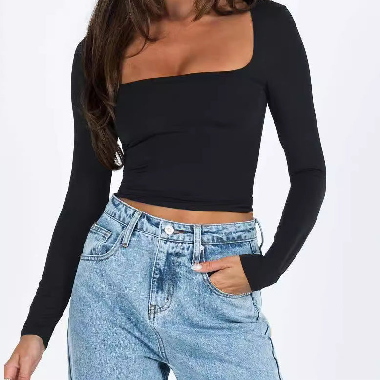 Women's Square Neck Long Sleeve Crop Top Slim Fit
