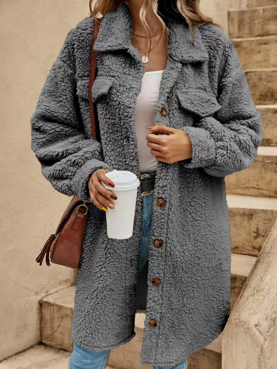 Women's Long Sherpa Jacket Button Down Collared Coat