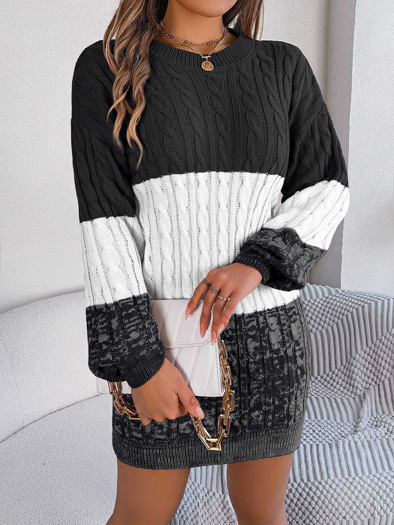2025 Fall Winter Colorblock Cable Knit Lantern Sleeve Sweater Dress