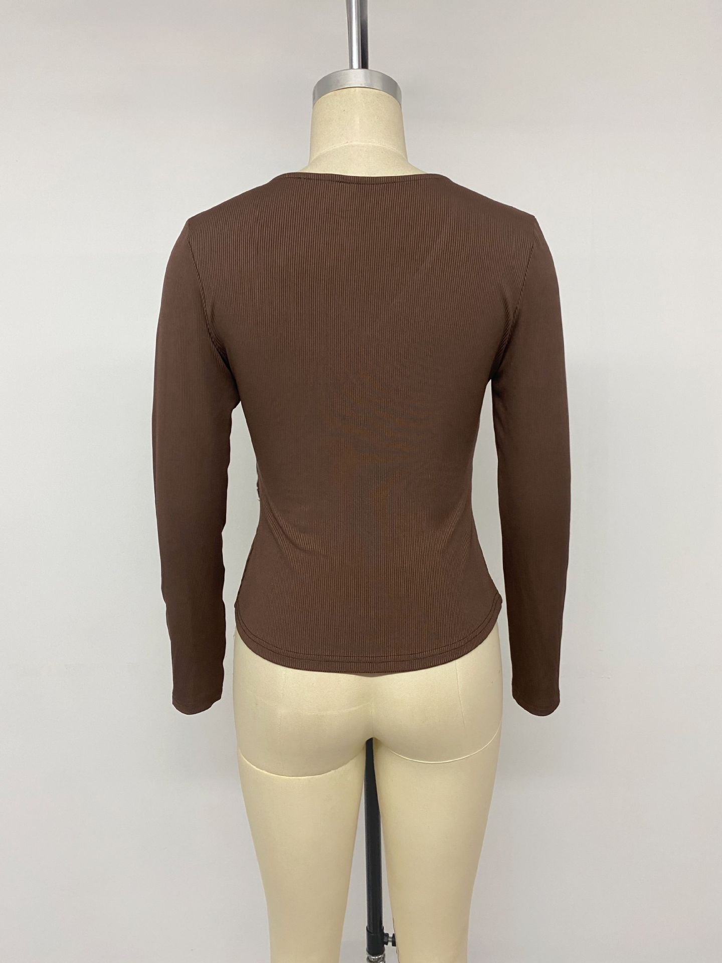 Women's V-Neck Ribbed Buckle Waist Long Sleeve Fitted Top