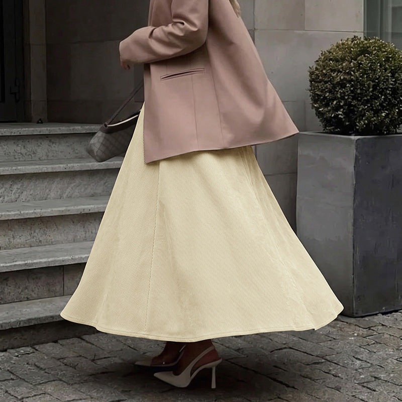 Women's Corduroy High Waist Pleated A-Line Midi Work Skirt