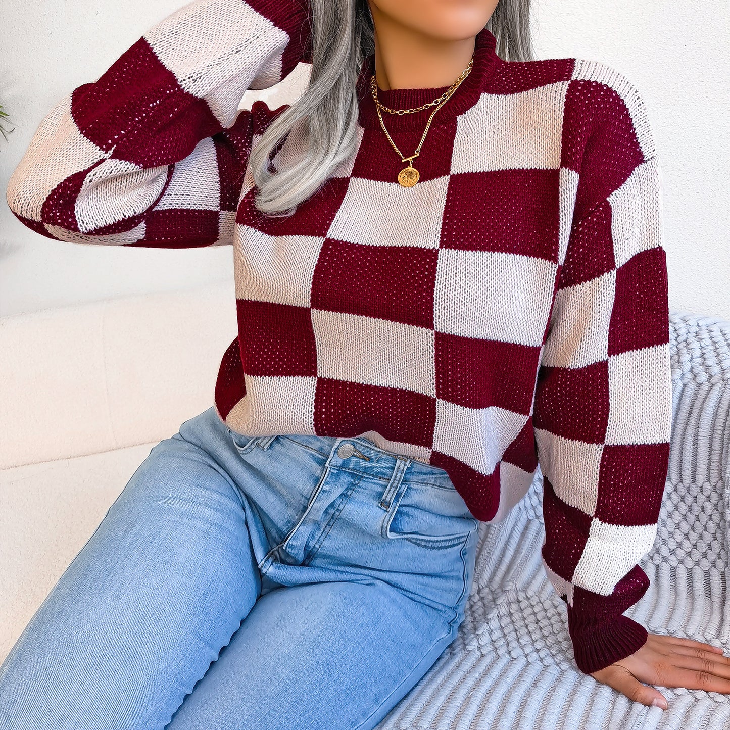 2025 Fall/Winter Colorblock Checkered Knit Sweater - Street Style