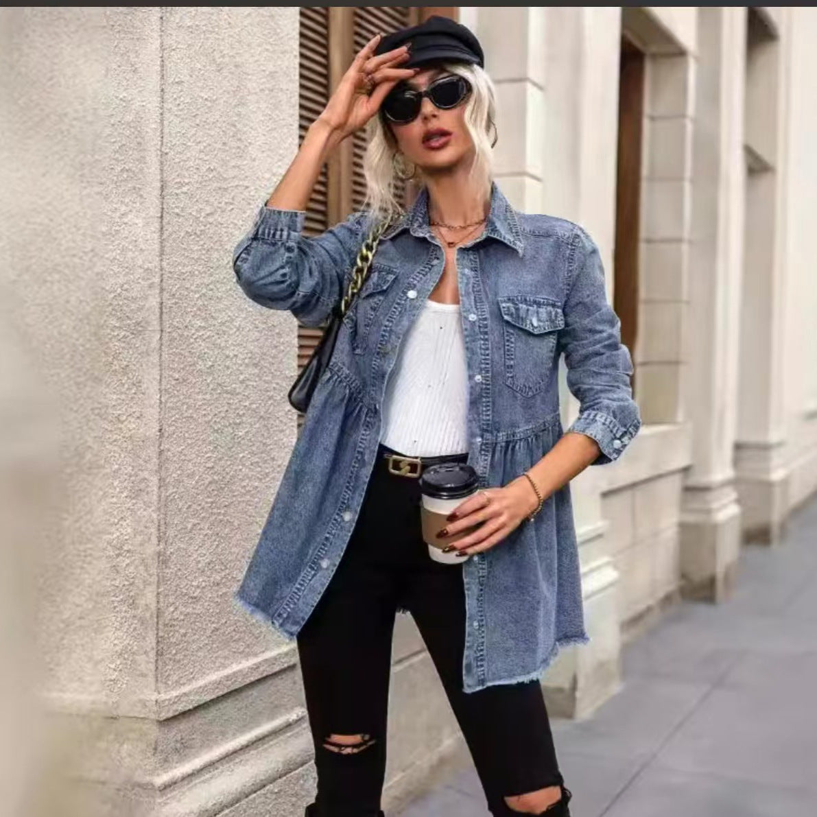 Women's Denim Shacket Ruched Waist Long Sleeve Frayed Hem