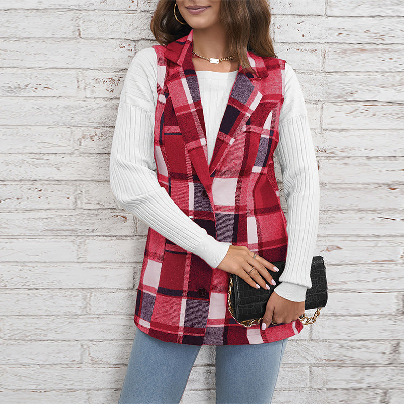 Women's Plaid Lapel Blazer Vest Button Front
