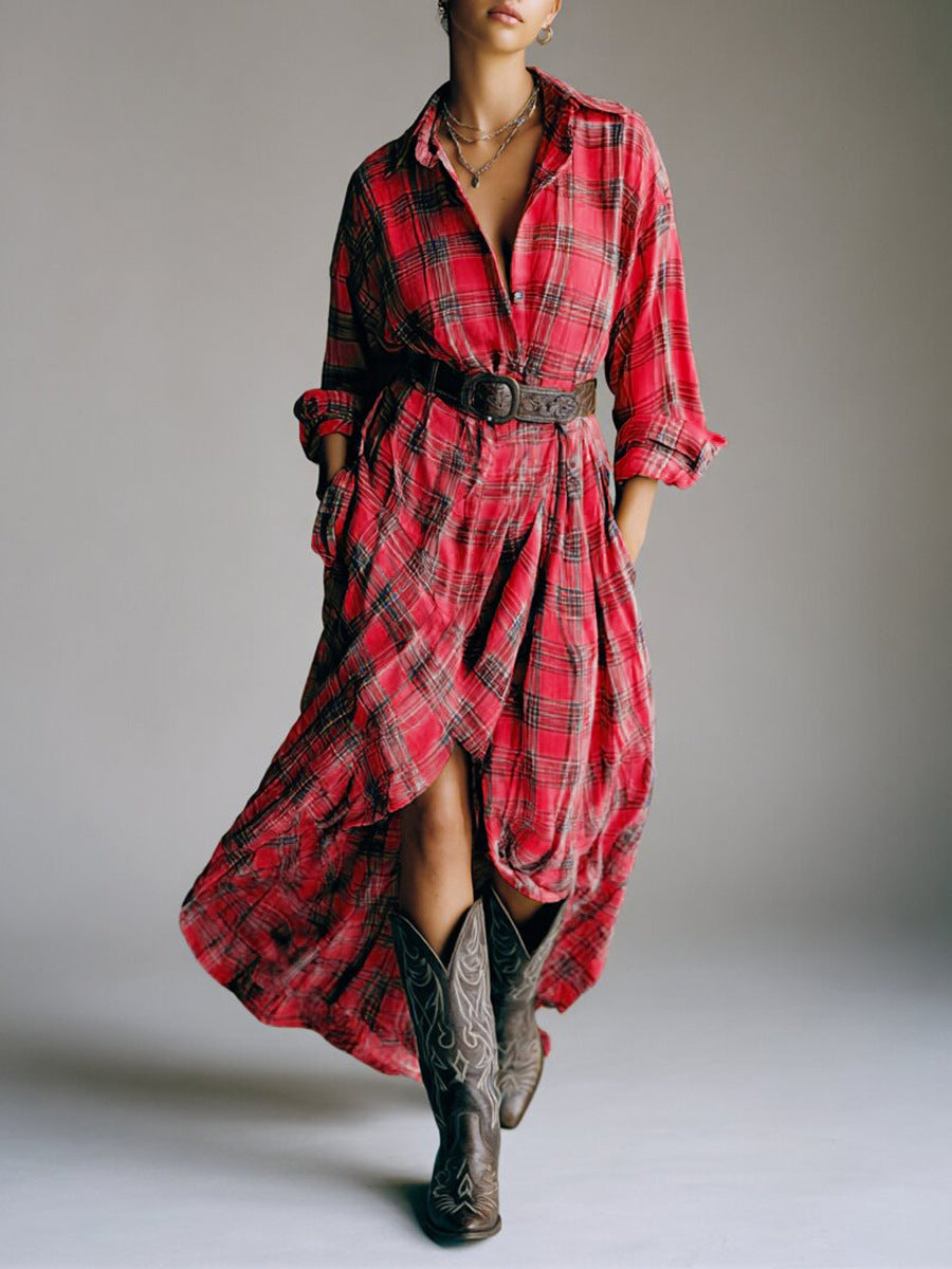 Vintage Plaid Maxi Shirt Dress Belted Long Sleeve