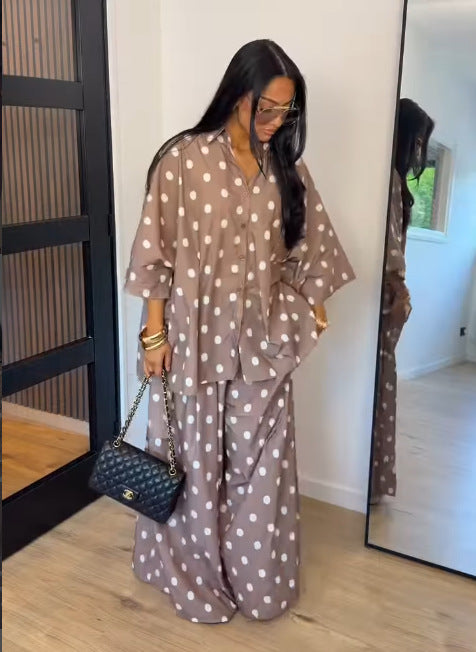 Polka Dot Oversized Shirt Wide Leg Pants Two Piece Set