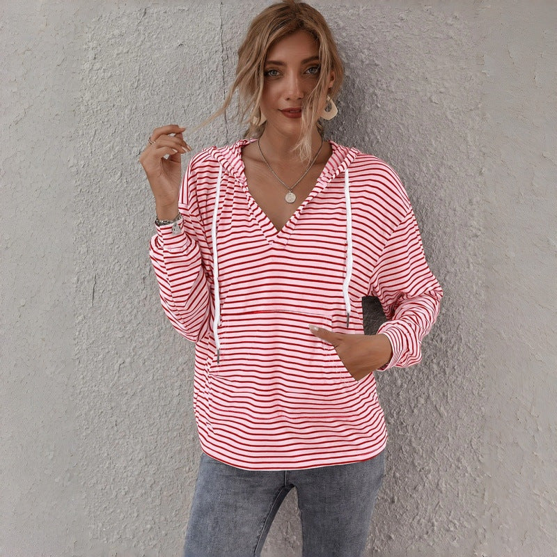 Women Striped Hoodie V-Neck Long Sleeve Oversized Pullover