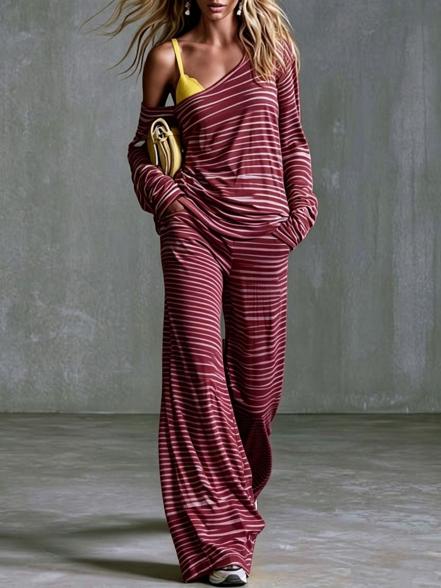 Women's Striped Off Shoulder Lounge Set Wide Leg Pants