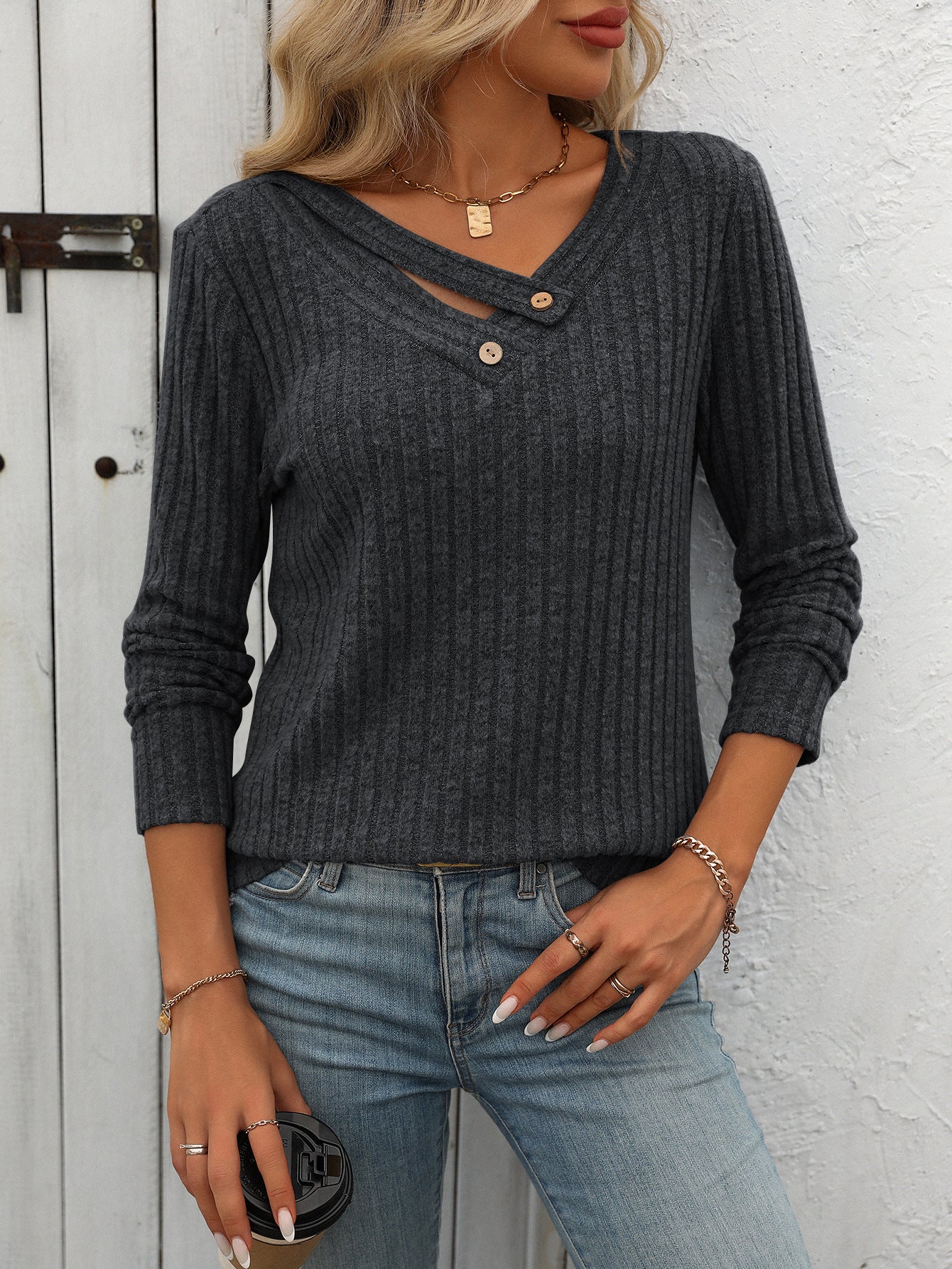 Ribbed V Neck Button Detail Long Sleeve Top
