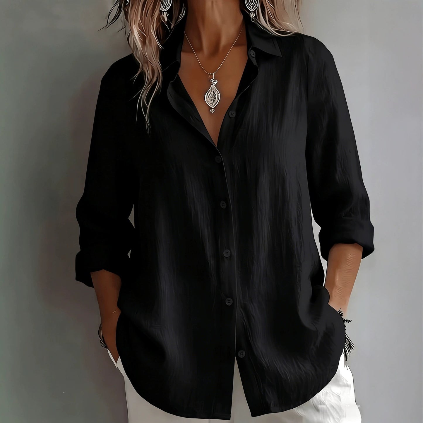 Women's Solid Button Down Shirt Long Sleeve Casual Blouse