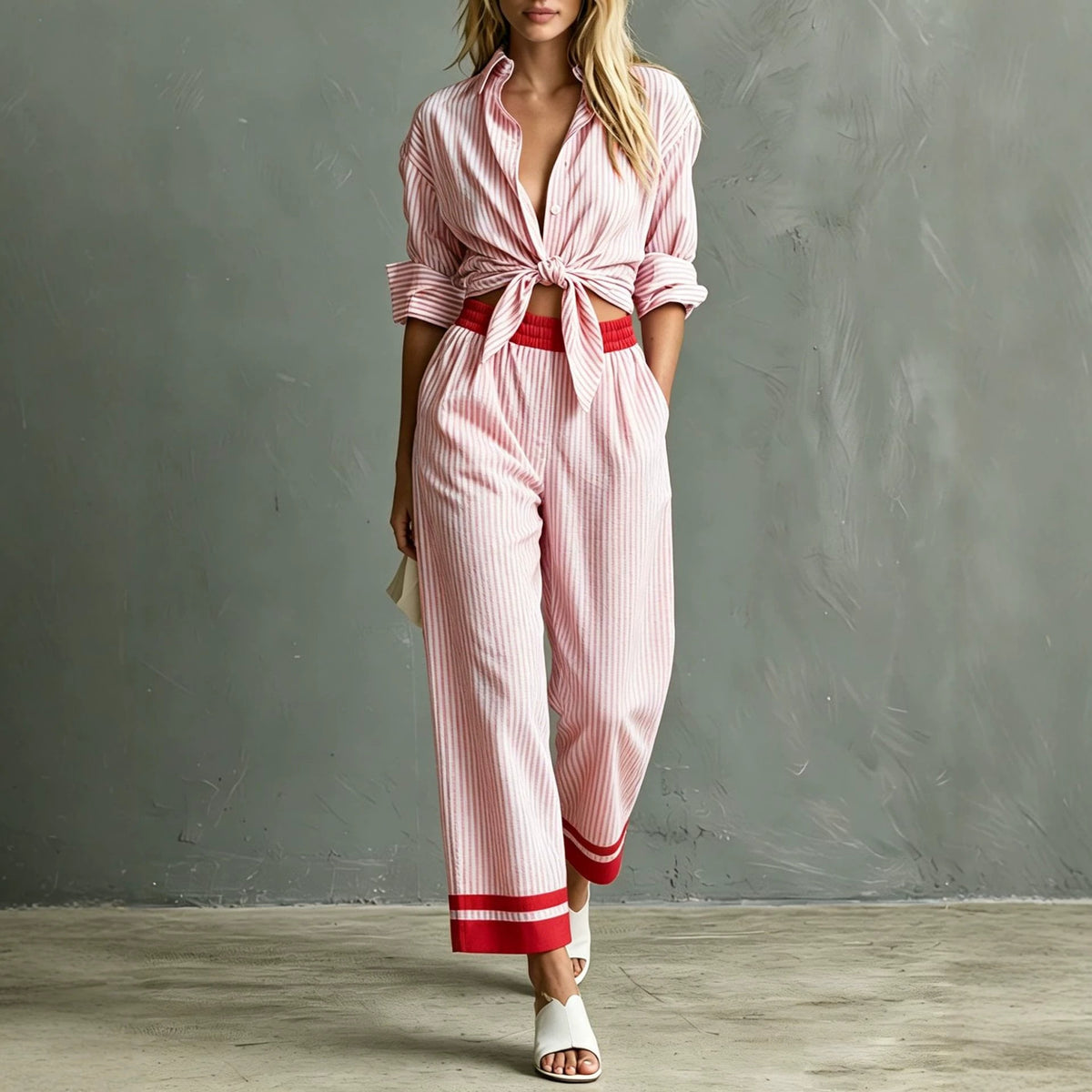 Women's Striped Button Down Shirt & Pants Matching Set