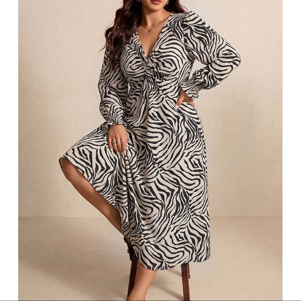 Plus Size Zebra Print V-Neck Twist Front Midi Dress
