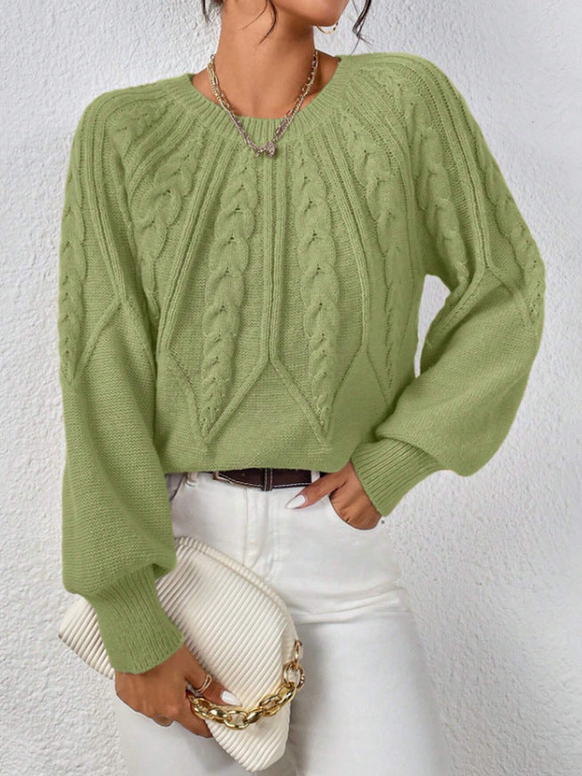 Women's Cable Knit Balloon Sleeve Crew Neck Sweater