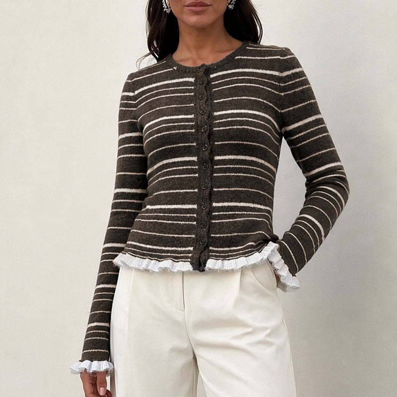 Women's Striped Crew Neck Button Front Ruffle Trim Cardigan