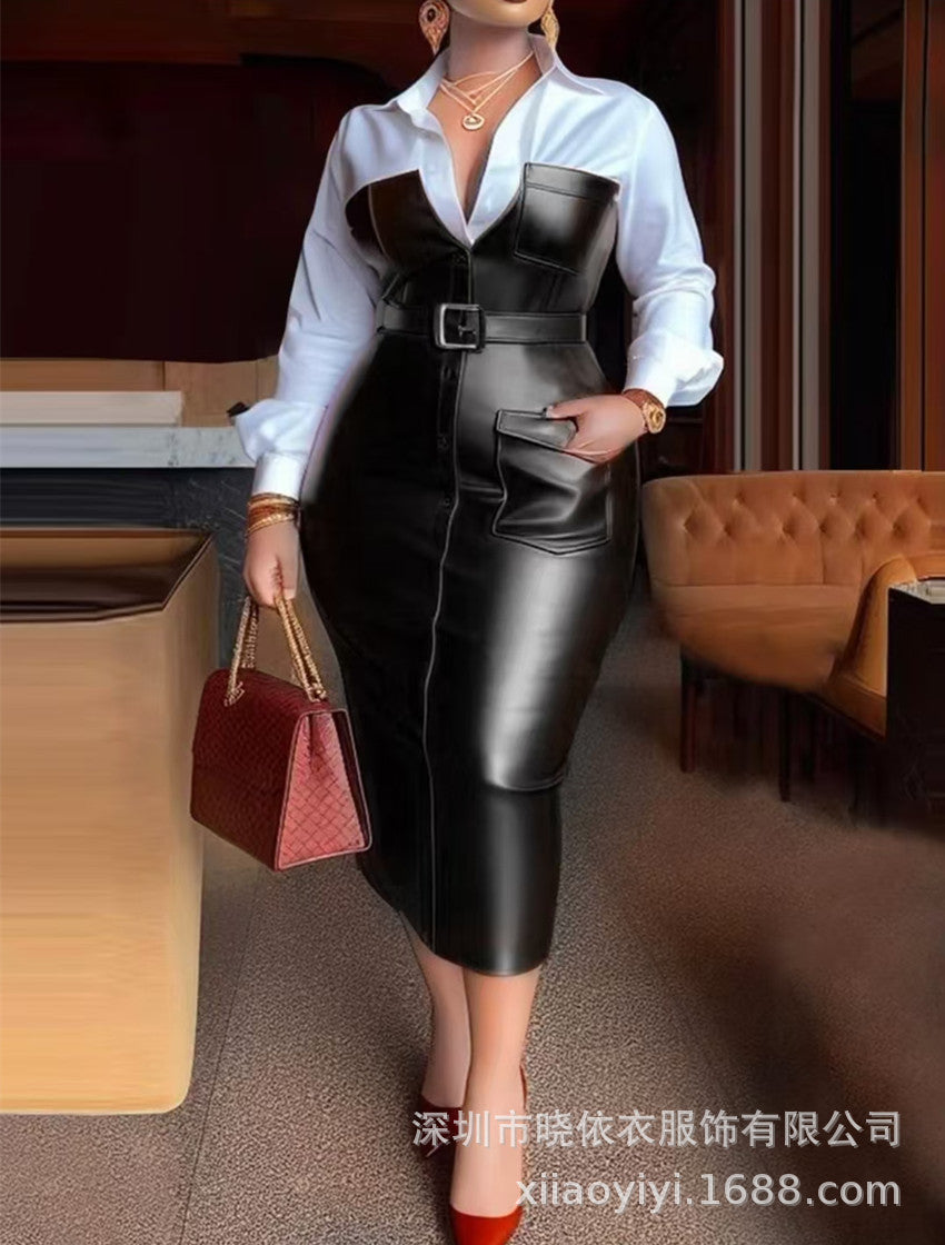 Color Block Faux Leather Belted Shirt Dress Midi