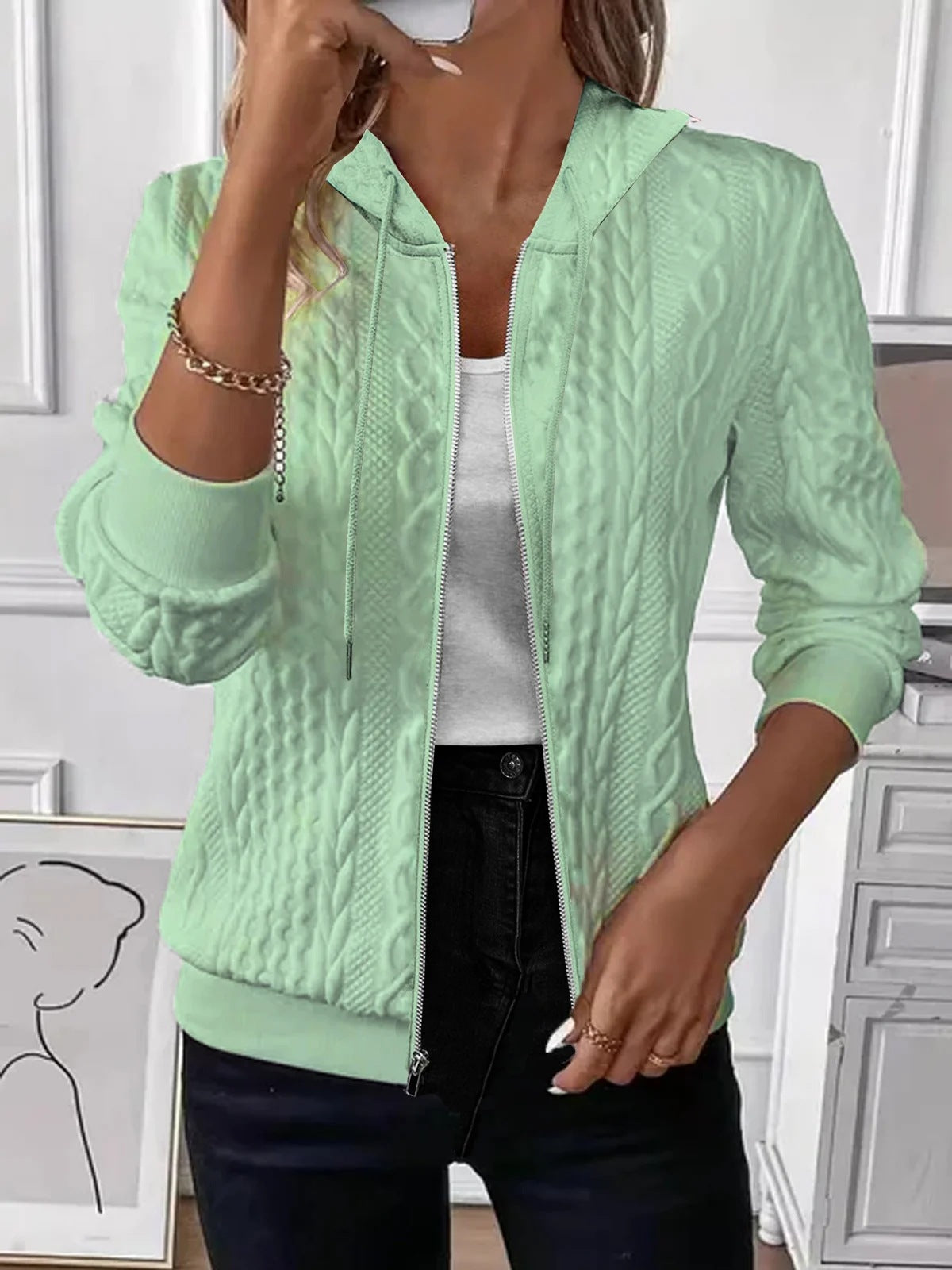 Womens Cable Knit Zip Up Hoodie Slim Fit Jacket