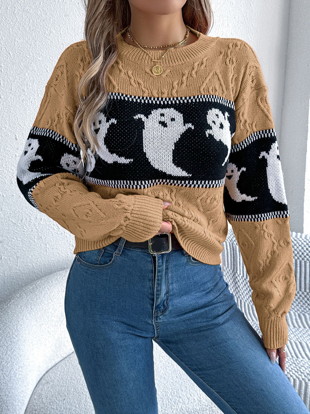 Women's Cute Ghost Halloween Cable Knit Sweater