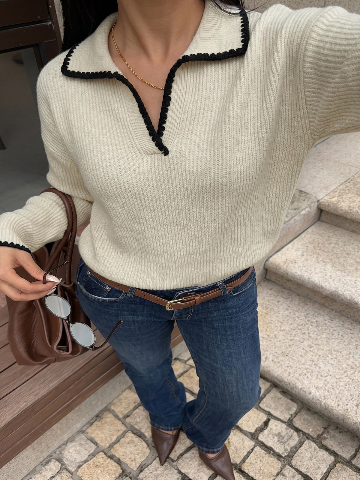 Women's Oversized Collared Sweater Contrast Trim Knit Top