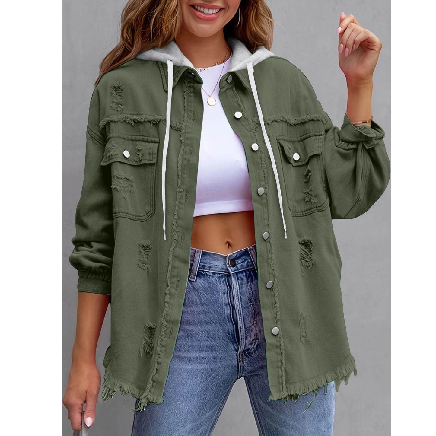 Distressed hooded denim jacket oversized fit