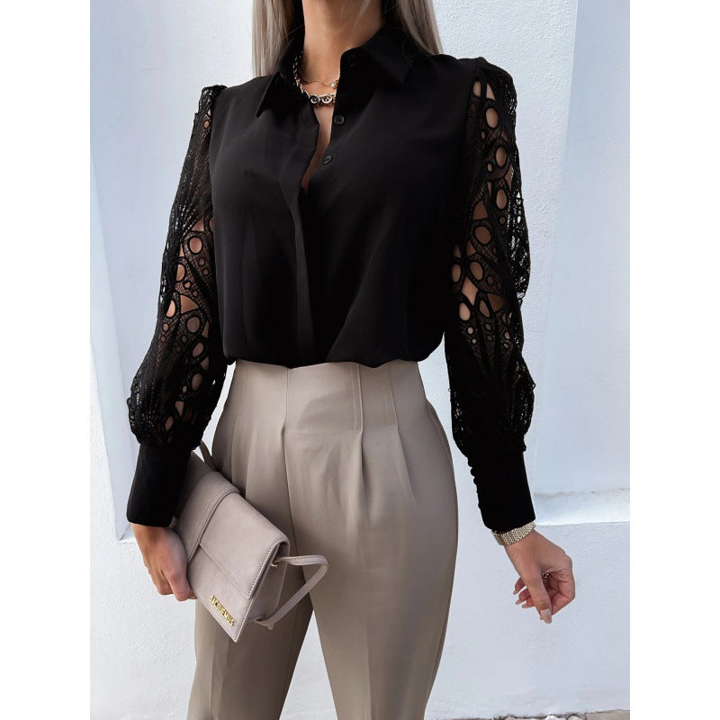 Women's Crochet Lace Sleeve Button Down Blouse