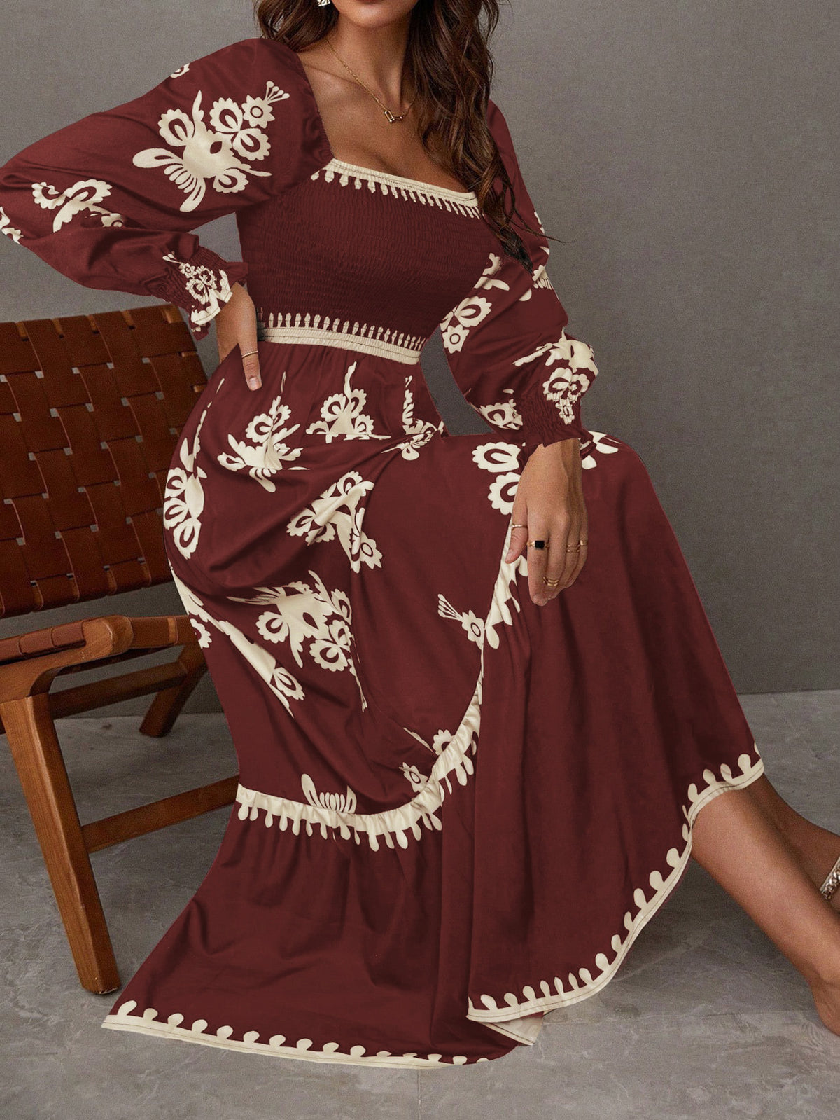 Square Neck Smocked Long Puff Sleeve Maxi Dress Boho Print