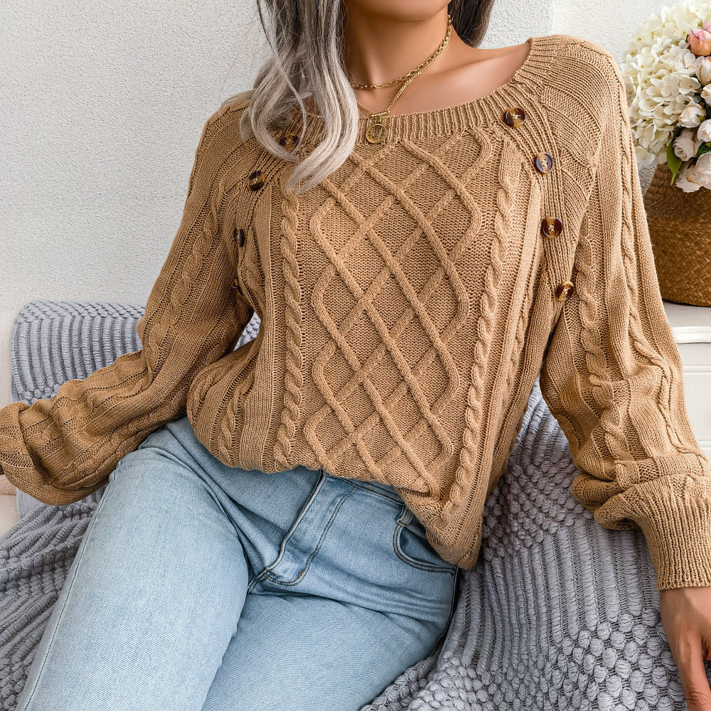2025 Fall Winter Casual Square Neck Button Detail Cable Knit Sweater
