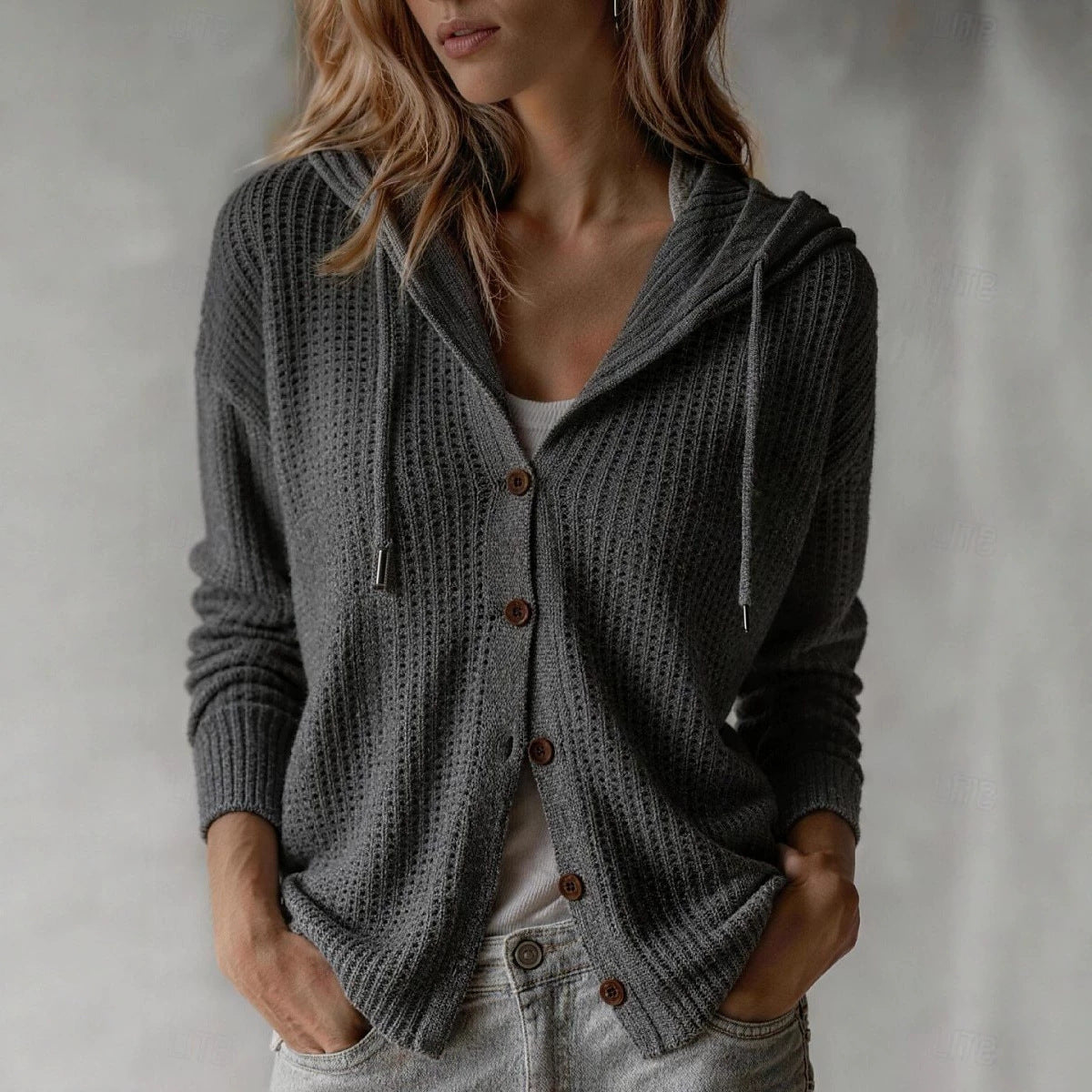 Oversized Hooded Knit Cardigan Button Front Sweater