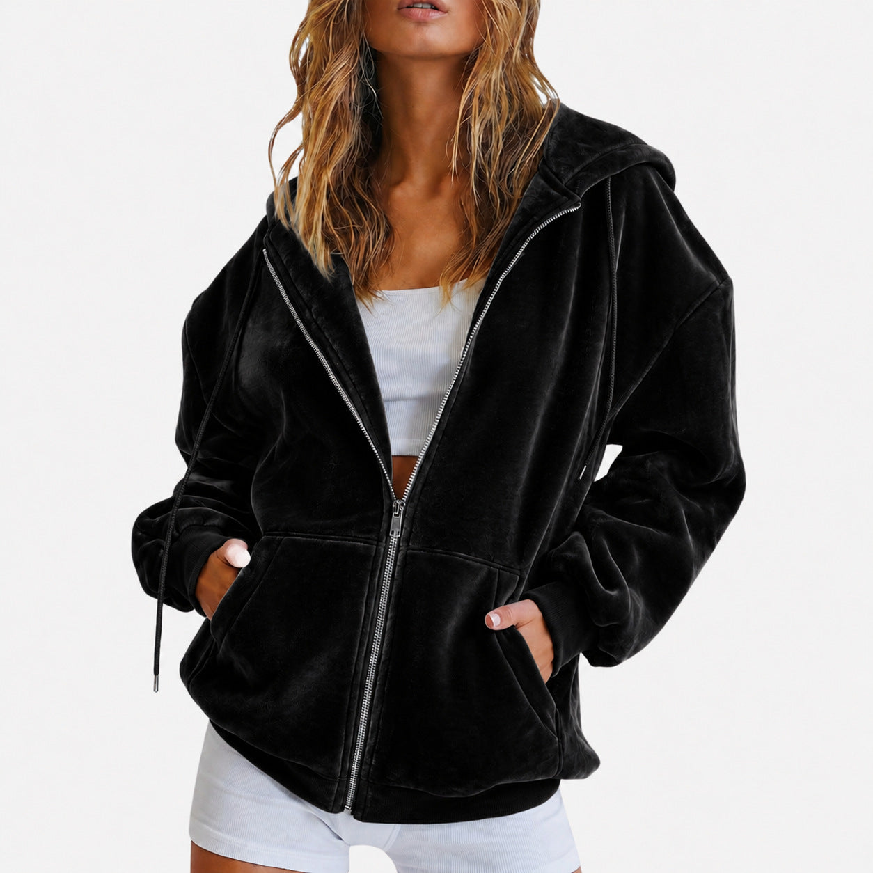 Velvet Zip Up Hoodie Relaxed Fit Hooded Jacket