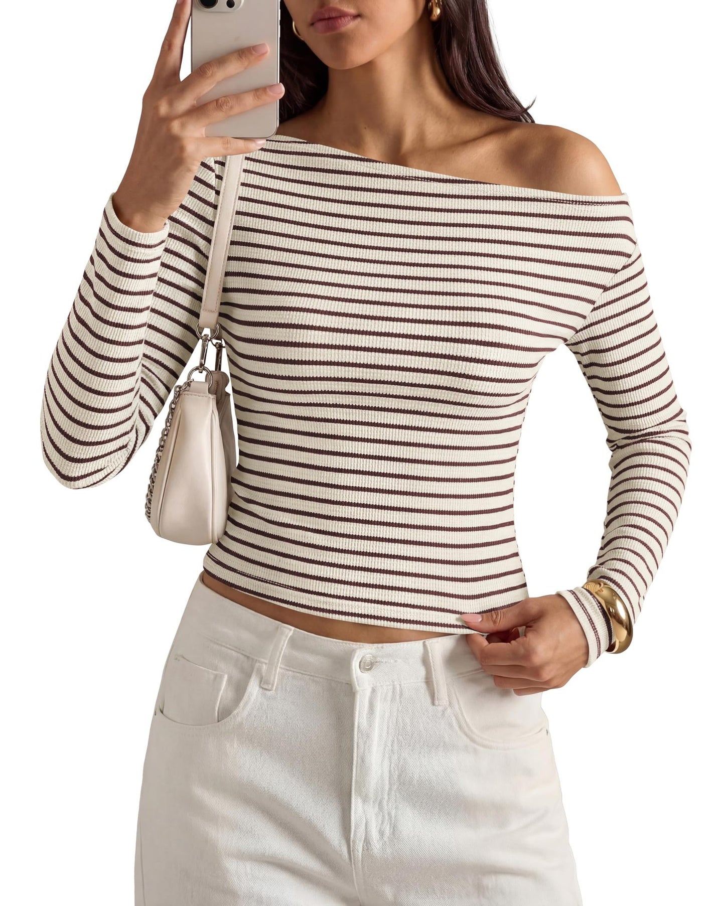 Off Shoulder Striped Long Sleeve Ribbed Knit Top Women