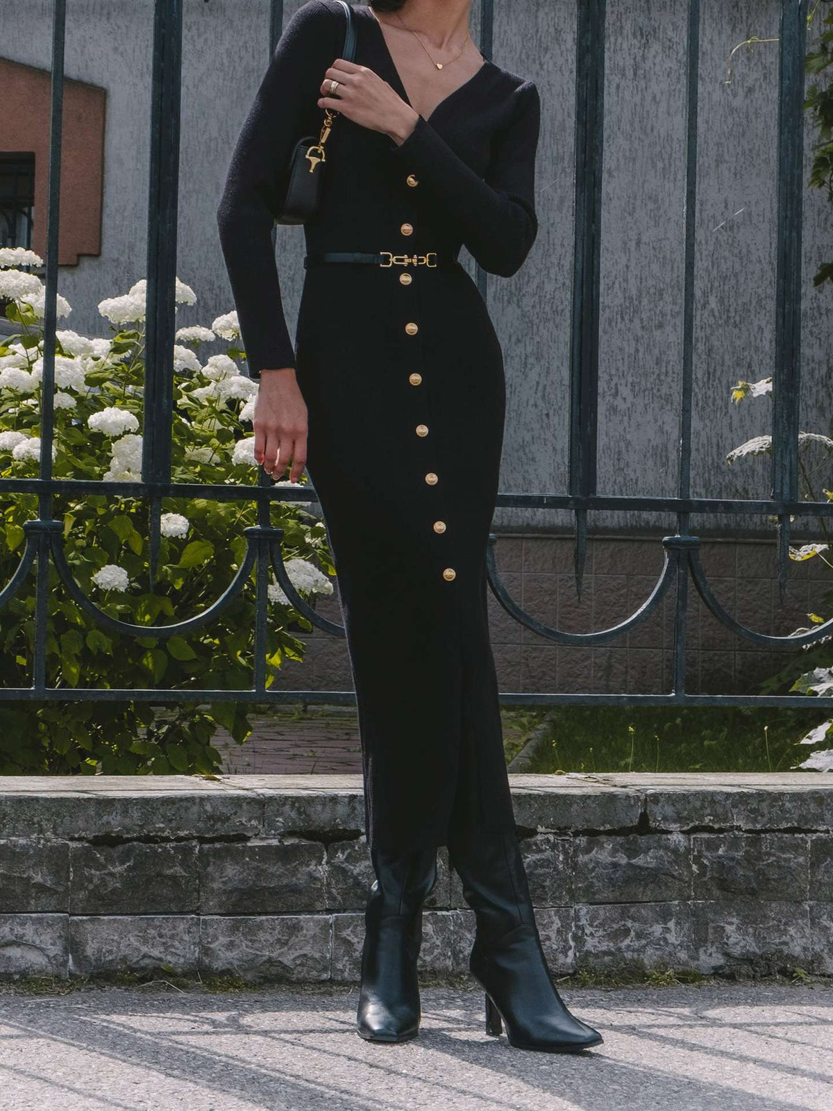 V Neck Ribbed Button Front Sweater Dress Long Sleeve Midi