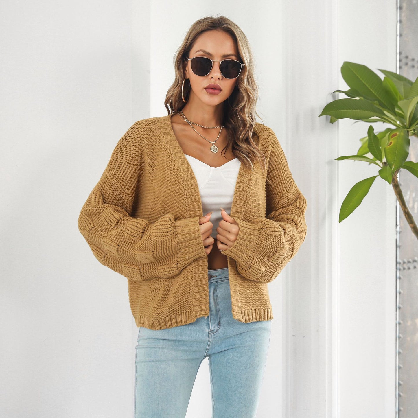 Oversized Chunky Knit Cardigan Open Front Lantern Sleeve