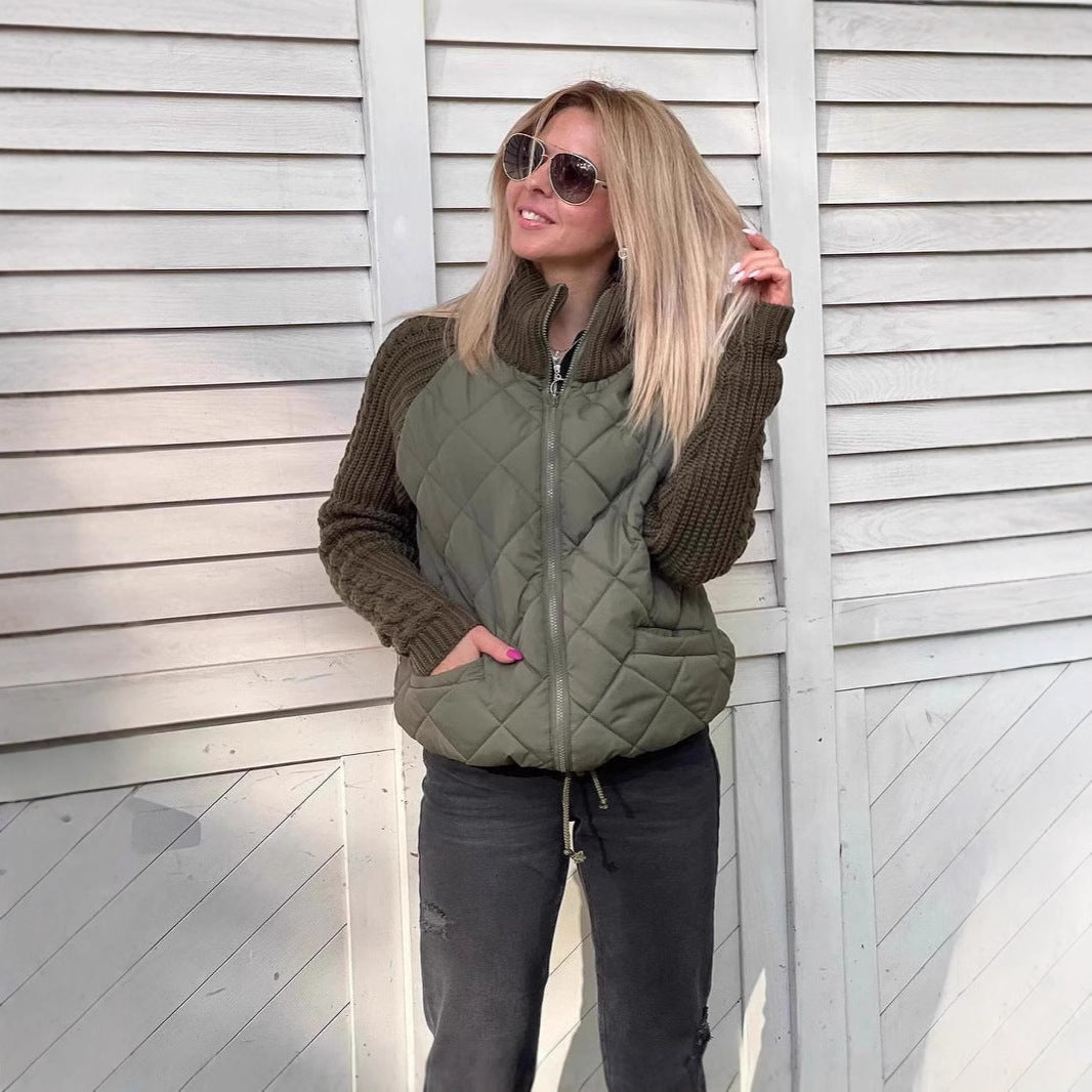 Women's Quilted Knit Sleeve Zip Up Winter Jacket