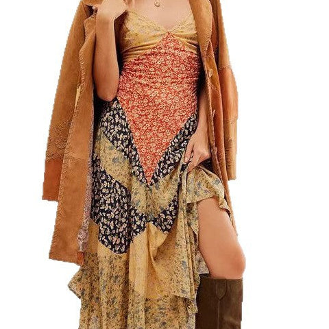 Women's Boho Patchwork Maxi Dress V-Neck Asymmetrical