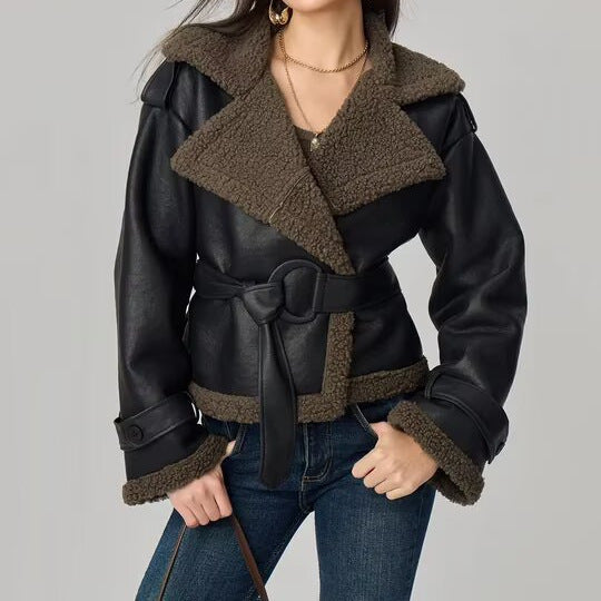 Women's Faux Leather Shearling Belted Moto Jacket