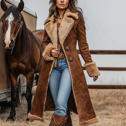 Women's Long Western Sherpa Coat Faux Fur Collar Brown