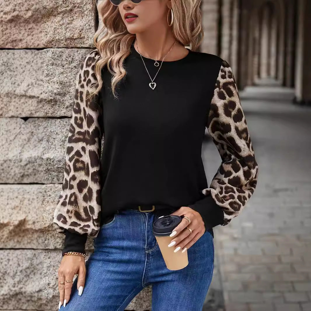 Color Block Leopard Puff Sleeve Casual Top