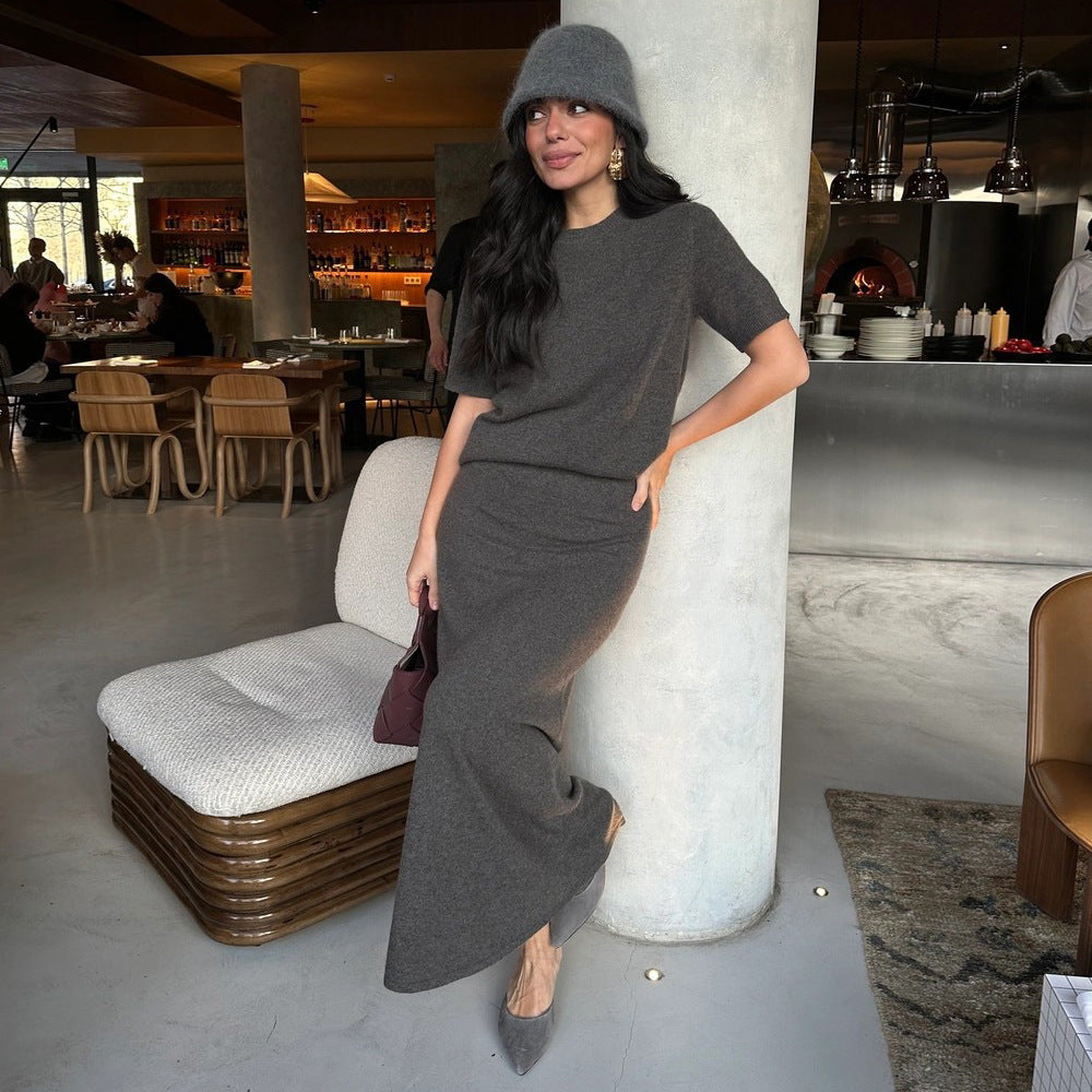 Ribbed Knit Two Piece Set Maxi Skirt Flutter Sleeve