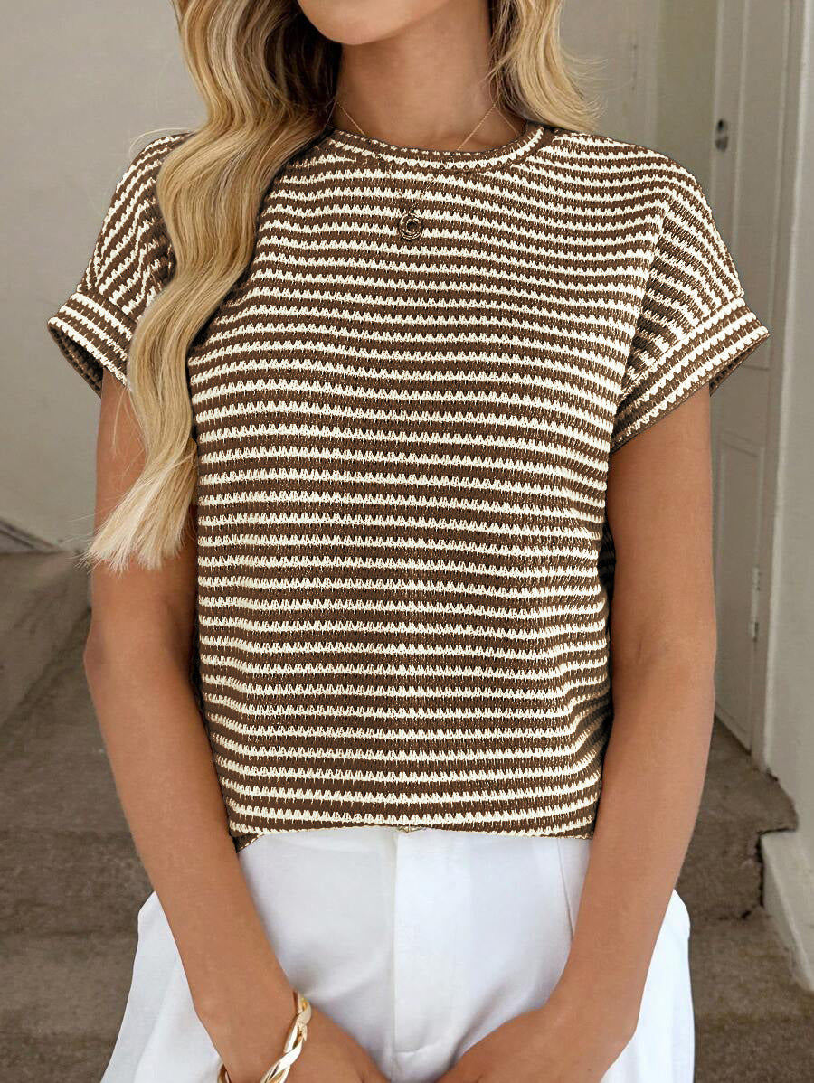 Green Stripe Knit Crew Neck Short Sleeve Top