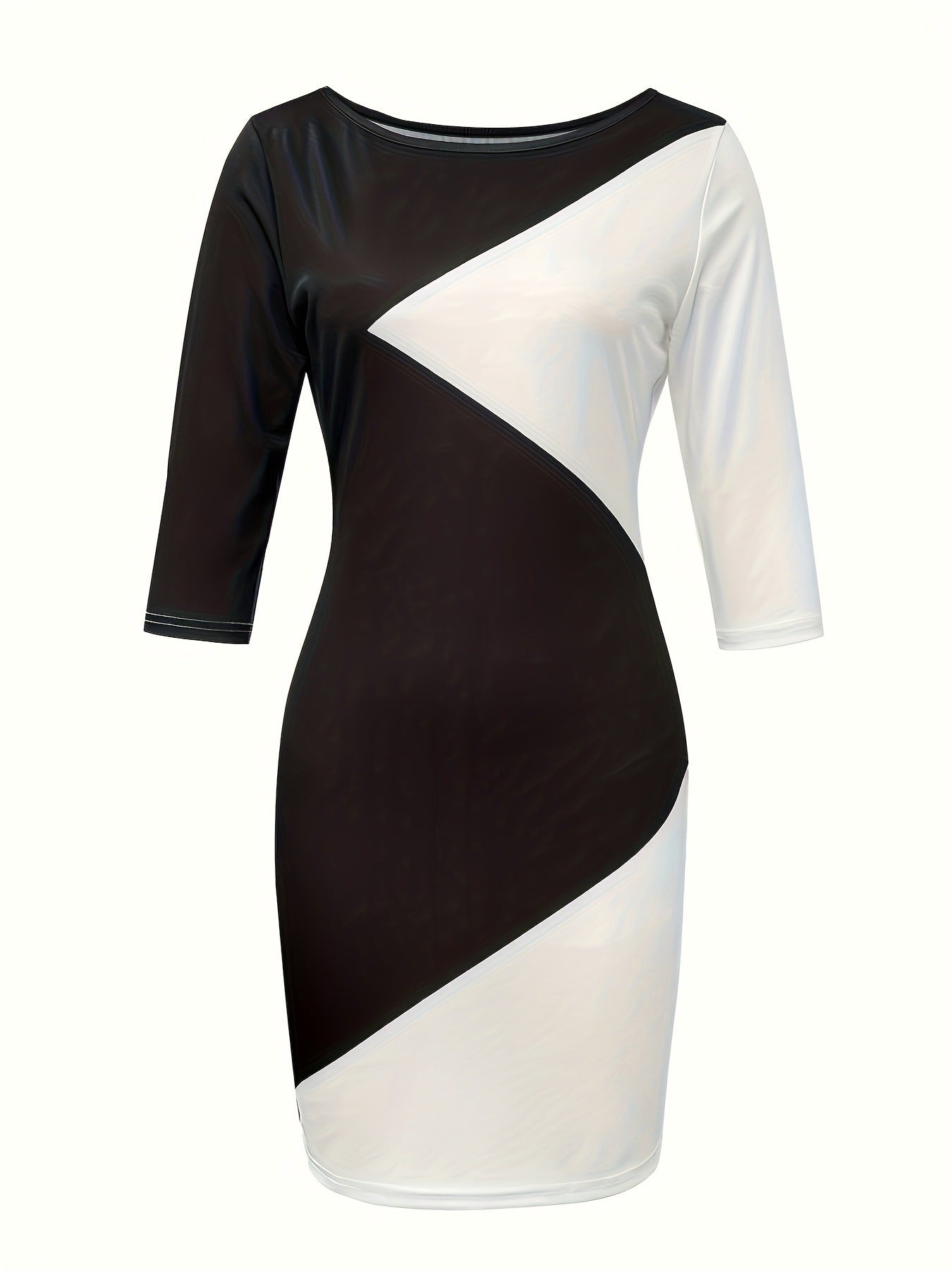 Color Block Bodycon Work Dress 3/4 Sleeve Elegant