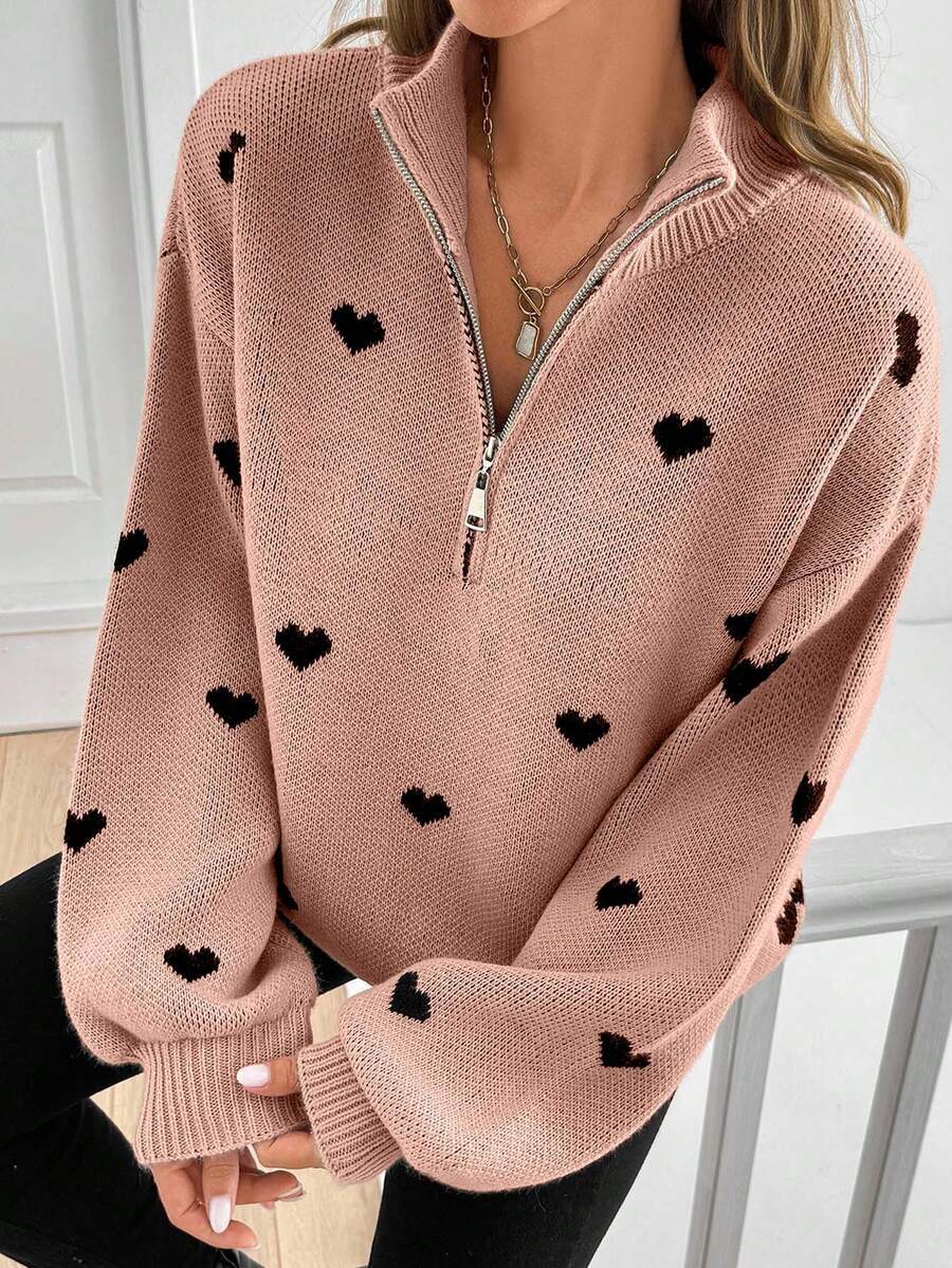 Women’s Heart Print Half Zip Wool Knit Sweater